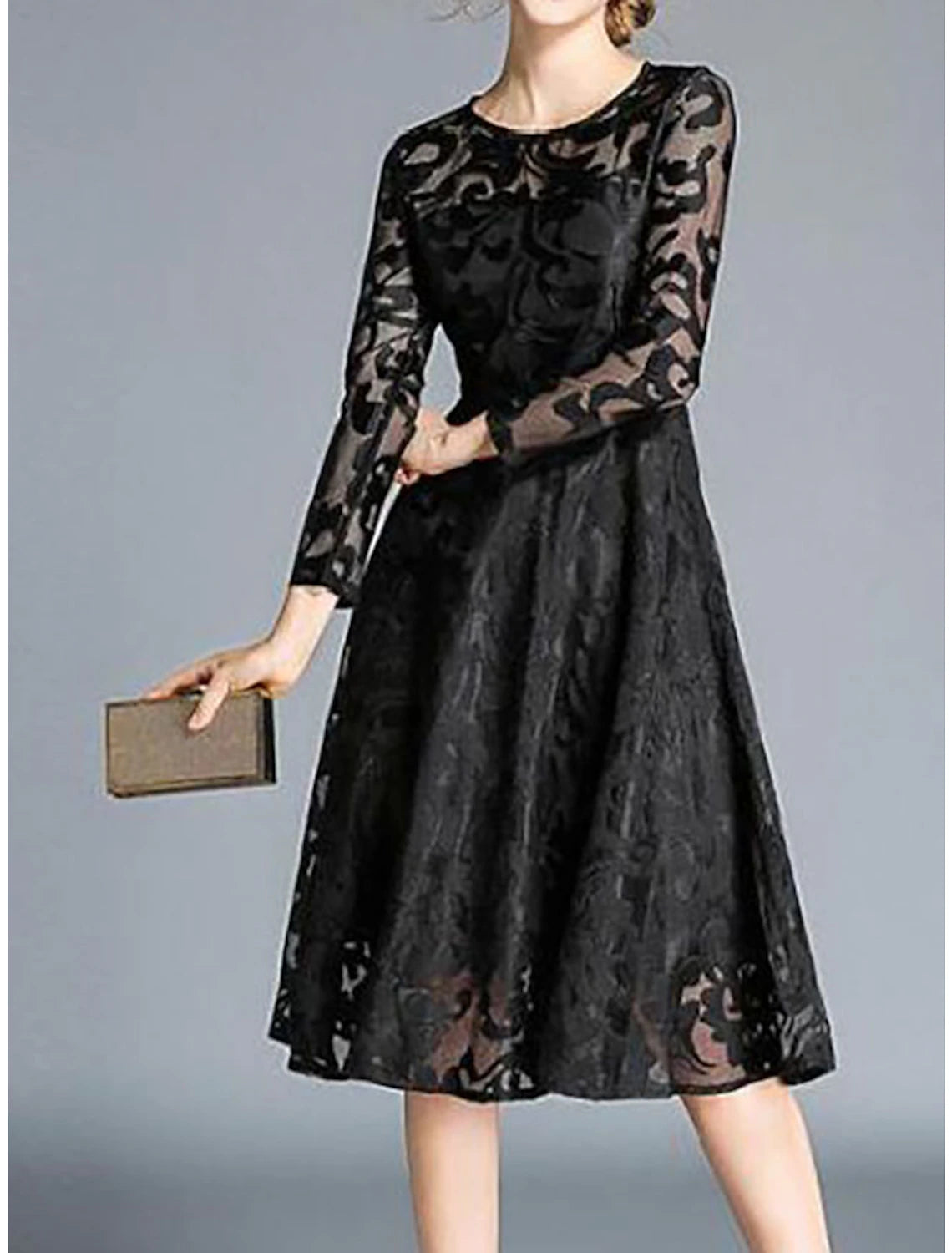 Abito da festa da donna, abito in pizzo, abito a trapezio, abito midi, rosso vino, nero e blu, manica lunga, colore puro, pizzo, inverno, autunno e primavera, scollo rotondo, elegante, abito invernale da festa, da invitata a nozze